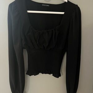 Mind Code Black Long-Sleeve Smocked Crop Top with Ruching